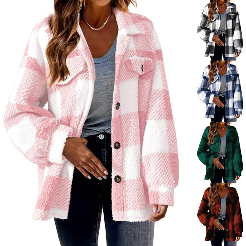 women's button plush coat 2023 autumn/winter with pocket plaid lamb fleece jacket 