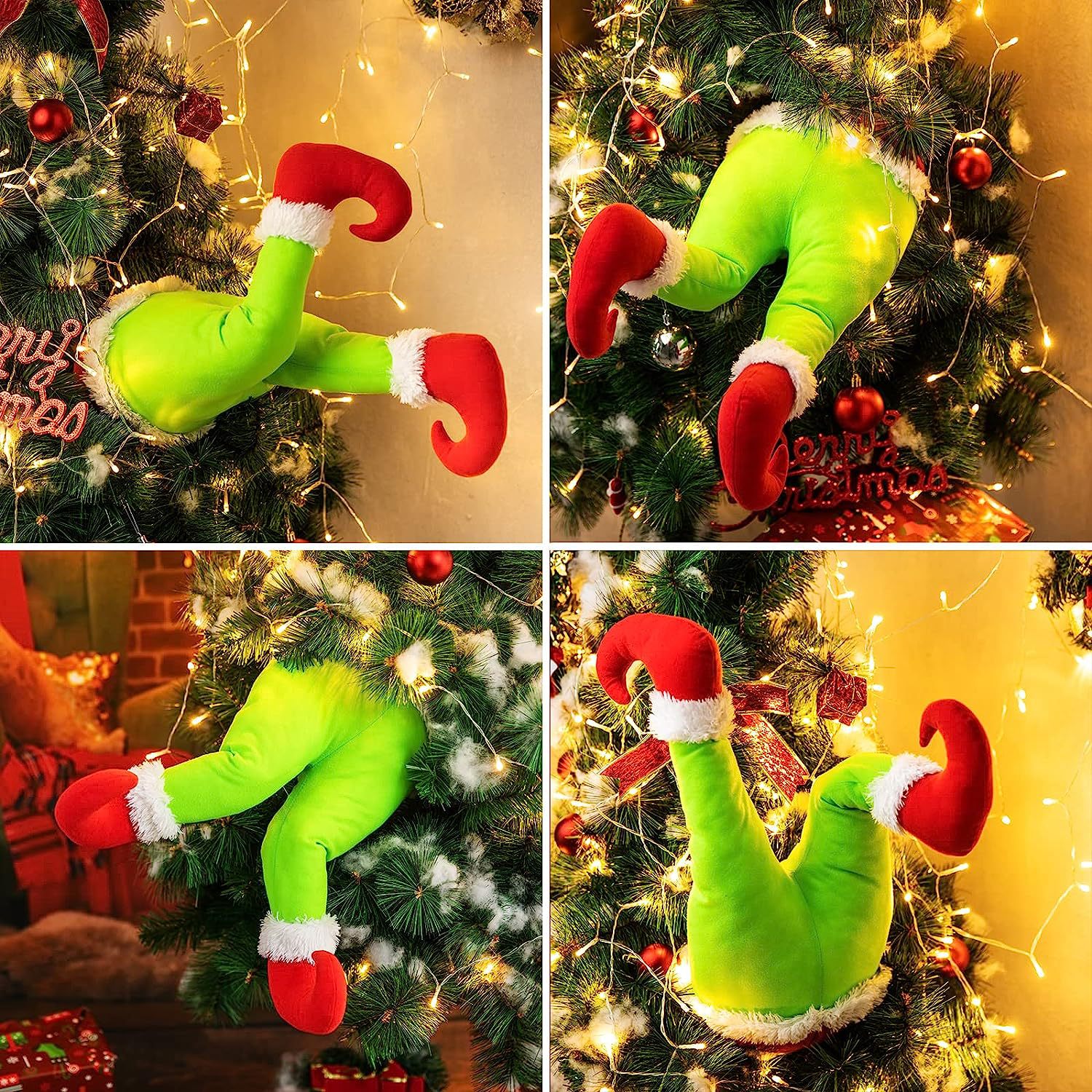 Christmas Holiday Decoration - Grinch Green Artificial Leg Tree Decor with Santa Claus and Elf Leg Ornaments