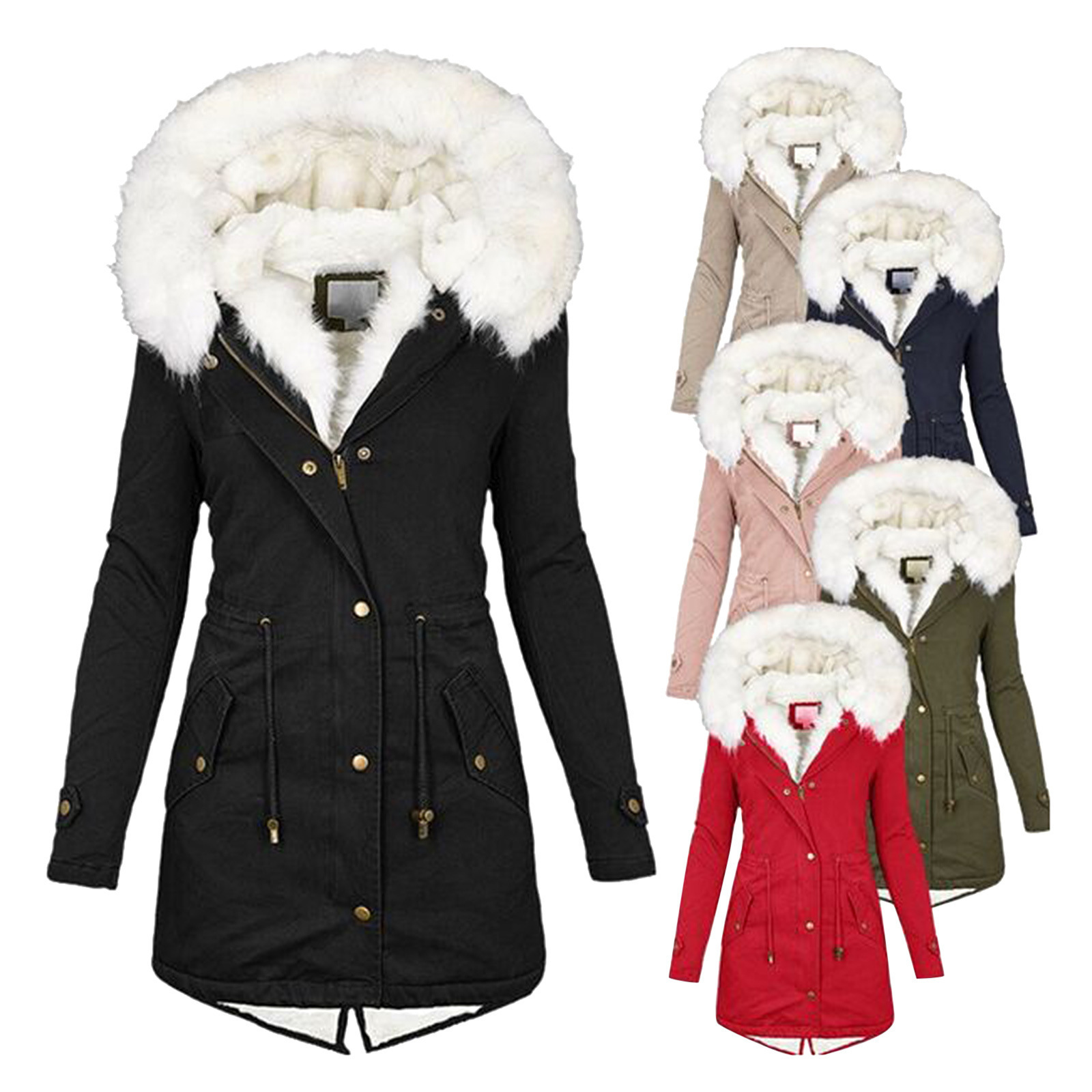 Autumn and Winter Large Size Cotton Coats, Hooded Fur Collars, Thick Waist Thick Mid-length Women's Cotton Clothing