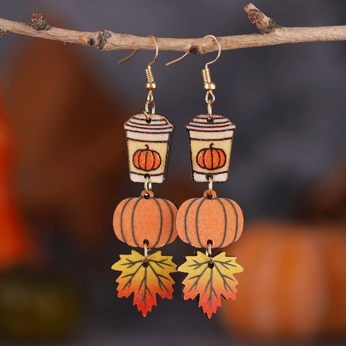 Autumn Thanksgiving Pumpkin Maple Leaf Coffee Cup Earrings for Women Halloween Vintage Wood Personalized Earrings