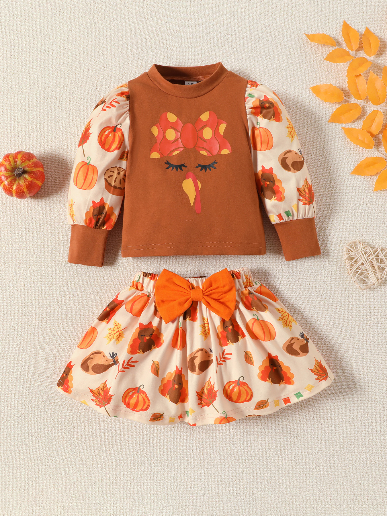 children's clothing baby toddler girl set Thanksgiving turkey pumpkin print long sleeve skirt two-piece