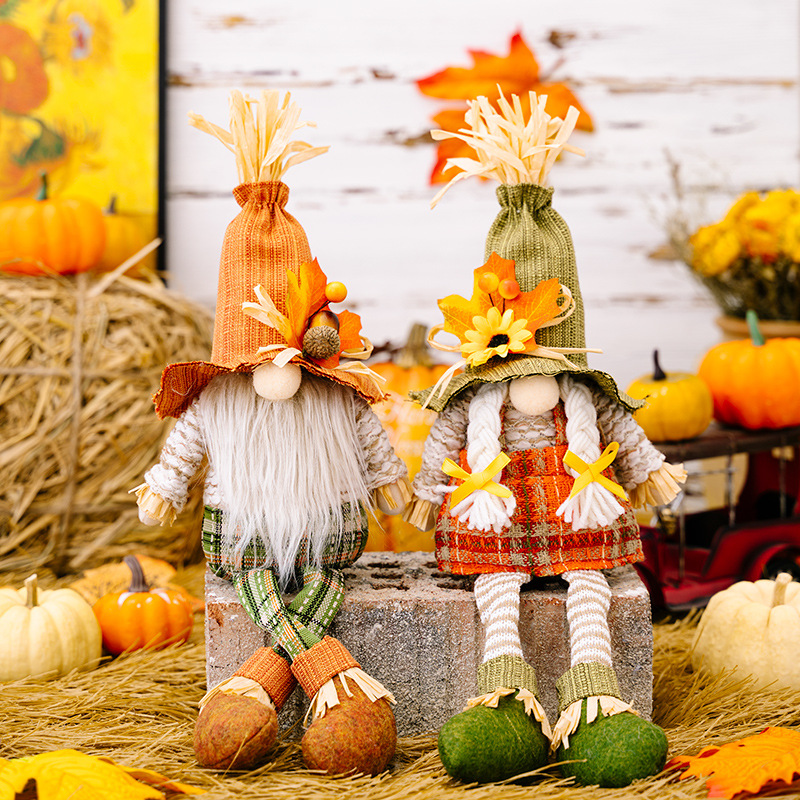Thanksgiving decoration harvest season maple straw hat Rudolph hanging leg doll goblin dwarf doll