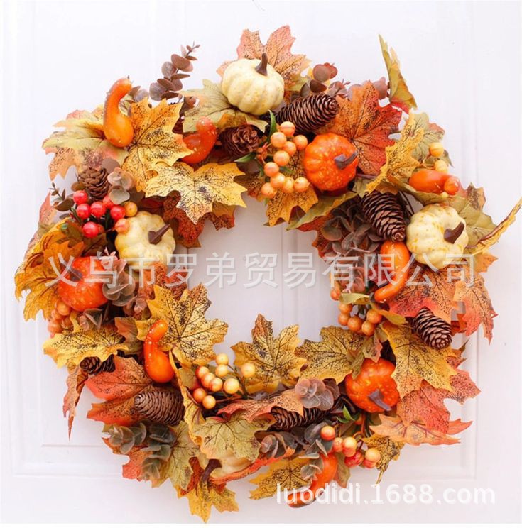 Halloween autumn color garland, 45cm pumpkin berry door hanging harvest festival vine circle, Thanksgiving wreath