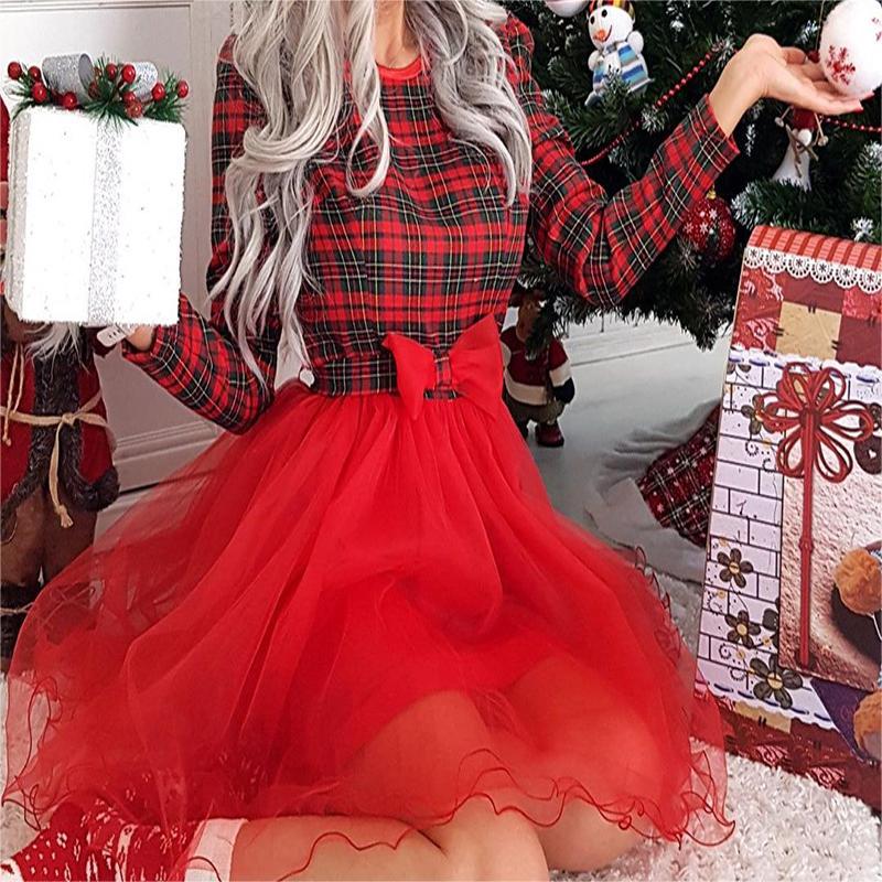 Red Plaid Waist Cinching Dress with Sheer Netting Accents - Perfect for Christmas