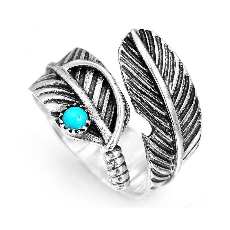 Cross border Europe and America Independent Station Turquoise Ring Fashion Made Old Feather Ring Men's and Women's Open Thai Silver Ring